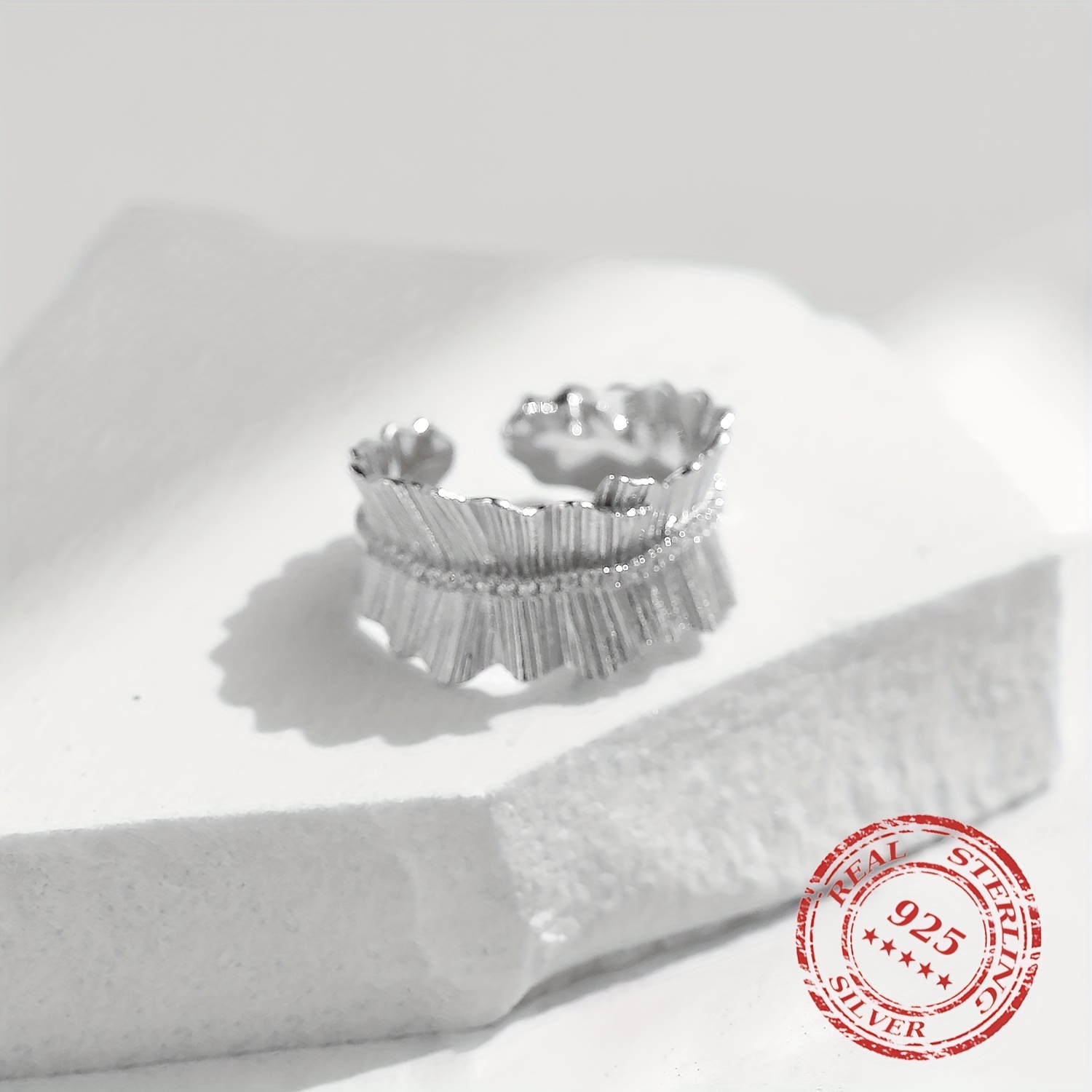 925 Silver Adjustable Texture Finger Ring Thick Stackable Pave Setting Rings